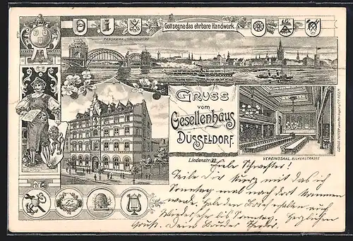 Lithographie Düsseldorf, Gesellenhaus Josephshaus, Lindenstr. 30, Vereinssaal Bilkerstr., Handwerkswappen