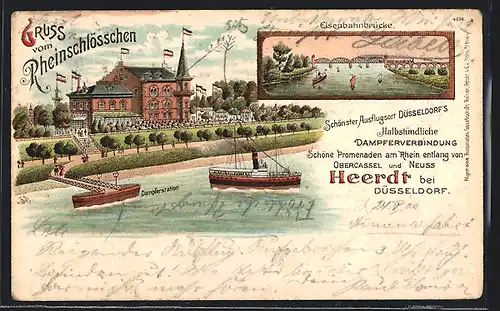 Lithographie Heerdt bei Düsseldorf, Rheinschlösschen mit Dampferstation, Eisenbahnbrücke