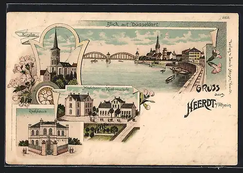 Lithographie Heerdt a. Rhein, Kirche, Rathhaus, Mädchen- und Knabenschule