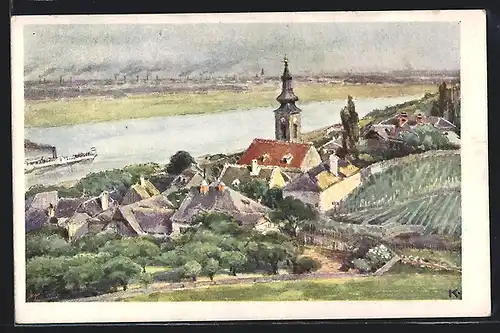 Künstler-AK J. Kalous: Wien, Kahlenbergerdorf mit Donau