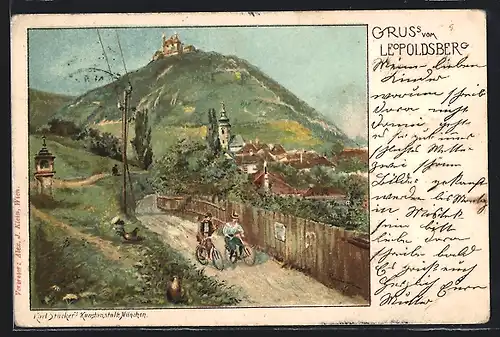 Lithographie Wien, Leopoldsberg mit Kirche