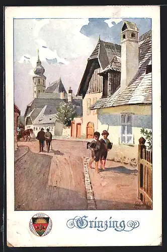 Künstler-AK E.Reckziegel: Grinzing, Ortspartie mit Leuten und Kirche, Deutscher Schulverein