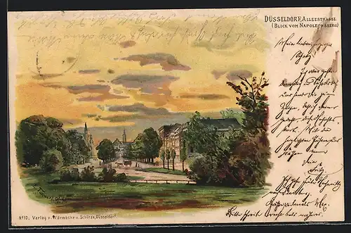 Lithographie Düsseldorf, Blick vom Napoleonsberg auf die Alleestrasse