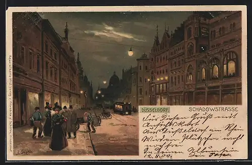 Lithographie Düsseldorf, Schadowstrasse mit Strassenbahn bei Nacht