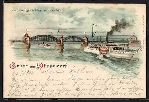 Lithographie Düsseldorf, Die neue Rheinbrücke mit Dampfer