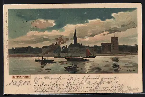 Lithographie Düsseldorf, Panorama unter Wolkenhimmel, vom Wasser gesehen