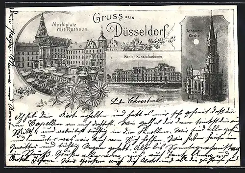 Lithographie Düsseldorf, Johannis-Kirche bei Mondschein, Königliche Kunstakademie, Marktplatz mit Rathaus