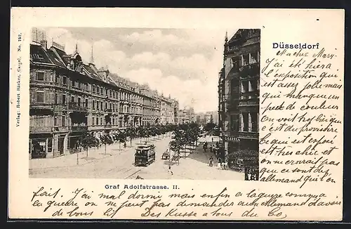 AK Düsseldorf, Graf Adolfstrasse mit Geschäften und Strassenbahn