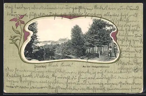 AK Düsseldorf, Pärchen an der Hofgartenstrasse, Passepartout