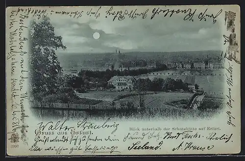 Mondschein-AK Erfurt, Blick unterhalb der Schutzhütte auf den Ort