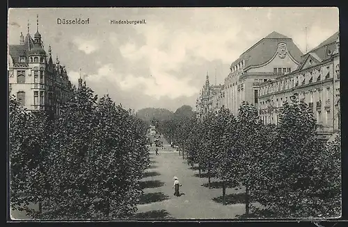 AK Düsseldorf, Strasse Hindenburgwall mit Denkmal