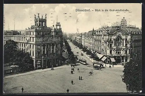 AK Düsseldorf, Graf-Adolfstrasse mit Hansa-Hotel und Strassenbahn