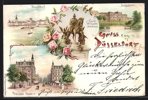 Lithographie Düsseldorf, Postgebäude, Kaiser Wilhelm-Denkmal, Elberfelder Strasse