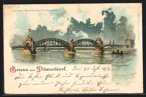 Lithographie Düsseldorf, Blick auf die neue Rheinbrücke