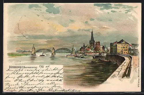 Lithographie Düsseldorf, Rheinansicht auf die Brücken und die Stadt