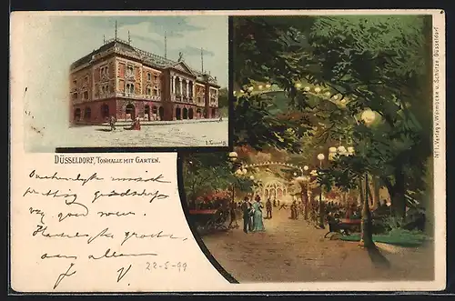 Lithographie Düsseldorf, Gasthaus Tonhalle mit beleuchtetem Garten am Abend