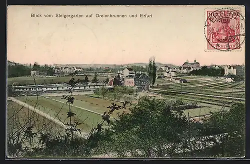 AK Erfurt, Blick vom Steigergarten auf Dreienbrunnen und den Ort