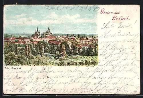 Lithographie Erfurt, Teilansicht mit Kirche