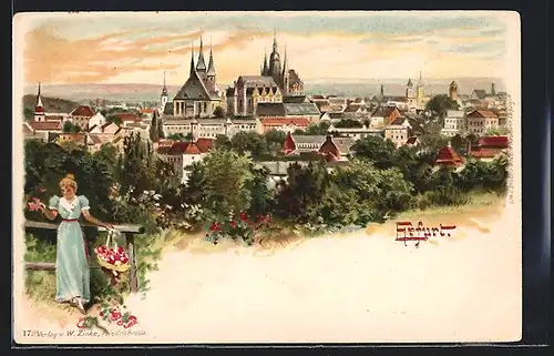 Lithographie Erfurt, Gesamtansicht mit Dom, Blumenmädchen vor der Stadt
