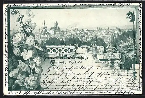 Künstler-AK Erfurt, Panorama mit Kirche von der Grolmannshöhe aus