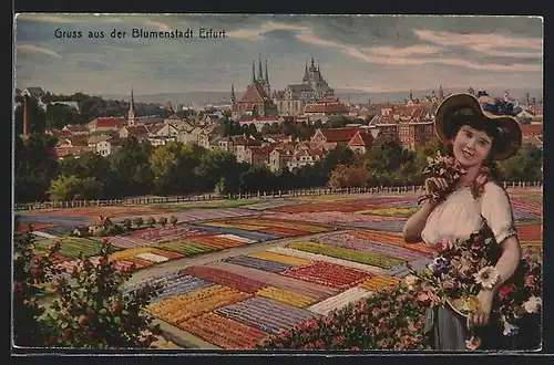 AK Erfurt, Blumenfelder vor der Stadt mit Kirchtürmen