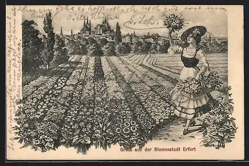 Künstler-AK Erfurt, Teilansicht mit Frau am Blumenbeet