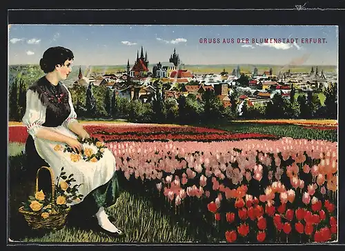 AK Erfurt, Teilansicht mit Frau am Blumenbeet