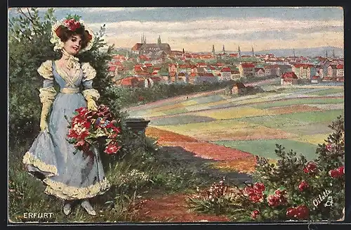 Künstler-AK Erfurt, Teilansicht und Frau mit Blumenkorb