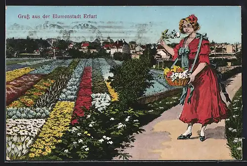 AK Erfurt, Ortsansicht mit Blumenfeldern