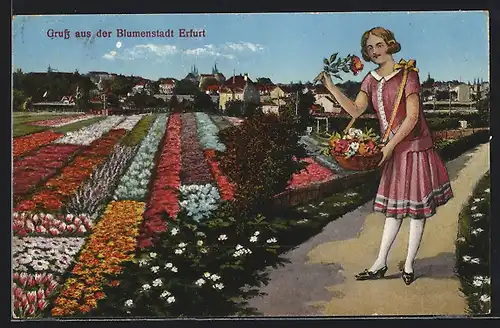 AK Erfurt, Teilansicht mit Blumenbeeten und Frau