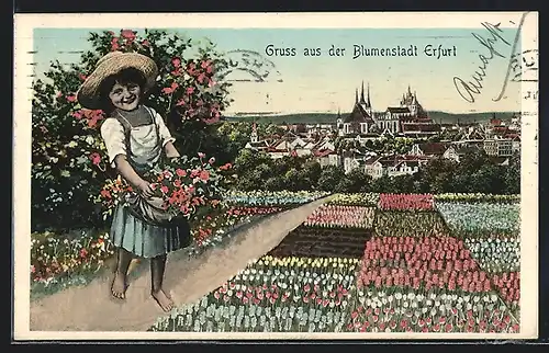 AK Erfurt, Ortsansicht und Kind mit Blumen in den Händen