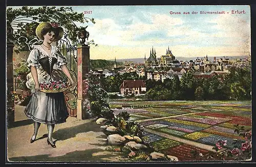 AK Erfurt, Ortsansicht mit Blumenmädchen
