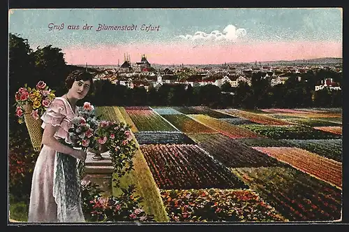 AK Erfurt, Ortsansicht mit Blumenmädchen