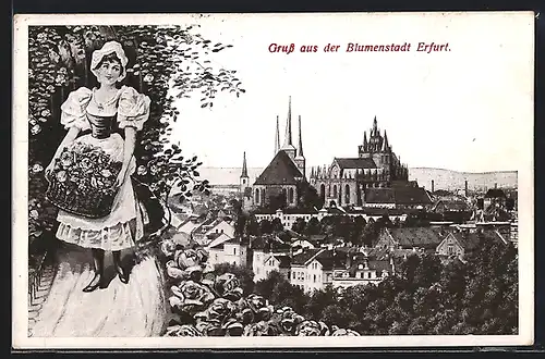 AK Erfurt, Blumenmädchen mit Ortsansicht