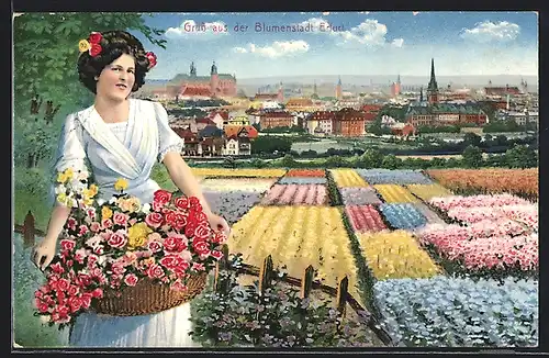 AK Erfurt, Gesamtansicht mit Blumenmädchen und Blumenkorb