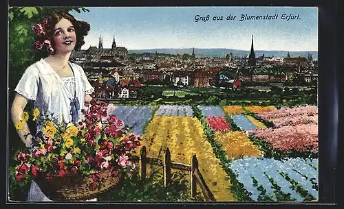 AK Erfurt, Mädchen mit Blumen vor der Ortspartie