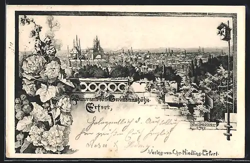 Lithographie Erfurt, Panorama von der Grolmannshöhe aus