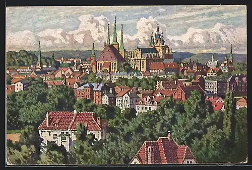 Künstler-AK Erfurt, Teilansicht der Stadt mit Dom