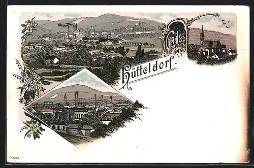 Lithographie Wien-Hütteldorf, Fabriken, Kirche, Gesamtansicht