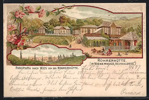 Lithographie Wien, Wienerwald, Neuwaldegg, Gaststätte Rohrerhütte, Gebäudeensemble mit Strasse, Panorama nach Wien