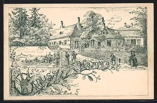 AK Wien, Partie am Hameau mit Restauration, Blick zum Hermannskogel