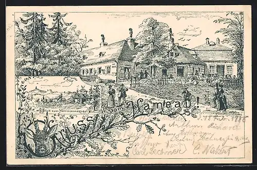 Künstler-AK Wien-Hameau, Gasthaus auf dem Hameau, Blick zum Herrmannskogel