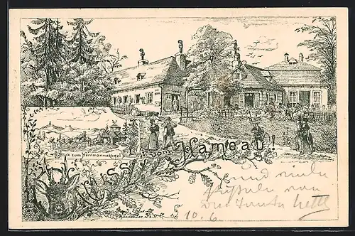 Künstler-AK Wien-Hameau, Gasthaus auf dem Hameau, Blick zum Herrmannskogel