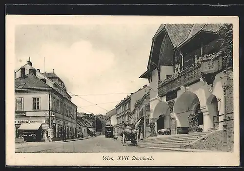 AK Wien, Dornbach, Strassenpartie mit Restaurant, Kutsche und Autobus