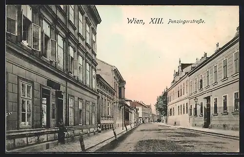 AK Wien, Penzingerstrasse mit Hausbewohnerin im Eingang