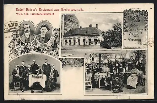 AK Wien, Rudolf Kettners Restaurant zum Breitenseerspitz, Hütteldorferstrasse 2, Wirtspaar, Orchester Höllensteiner