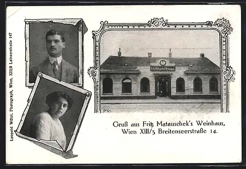 AK Wien, Gaststätte Fritz Matauscheks Weinhaus, Breitenseerstrasse 14, Strassenansicht, Wirtspaar