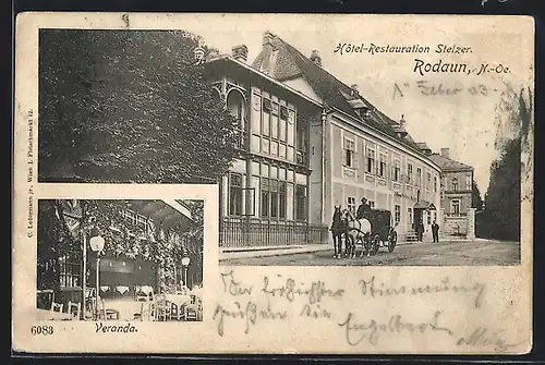 AK Wien-Rodaun, Hotel-Restauration Stelzer, Strassenansicht mit Kutsche, Veranda