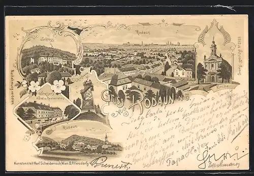 Lithographie Wien, Stelzer`s Hotel & Restaurant, Rodaun, Schloss, Kirche, Ortsansichten