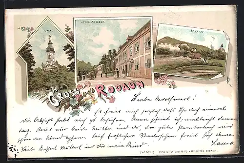 Lithographie Rodaun, Bahnhof, Kirche, Hotel Stelzer
